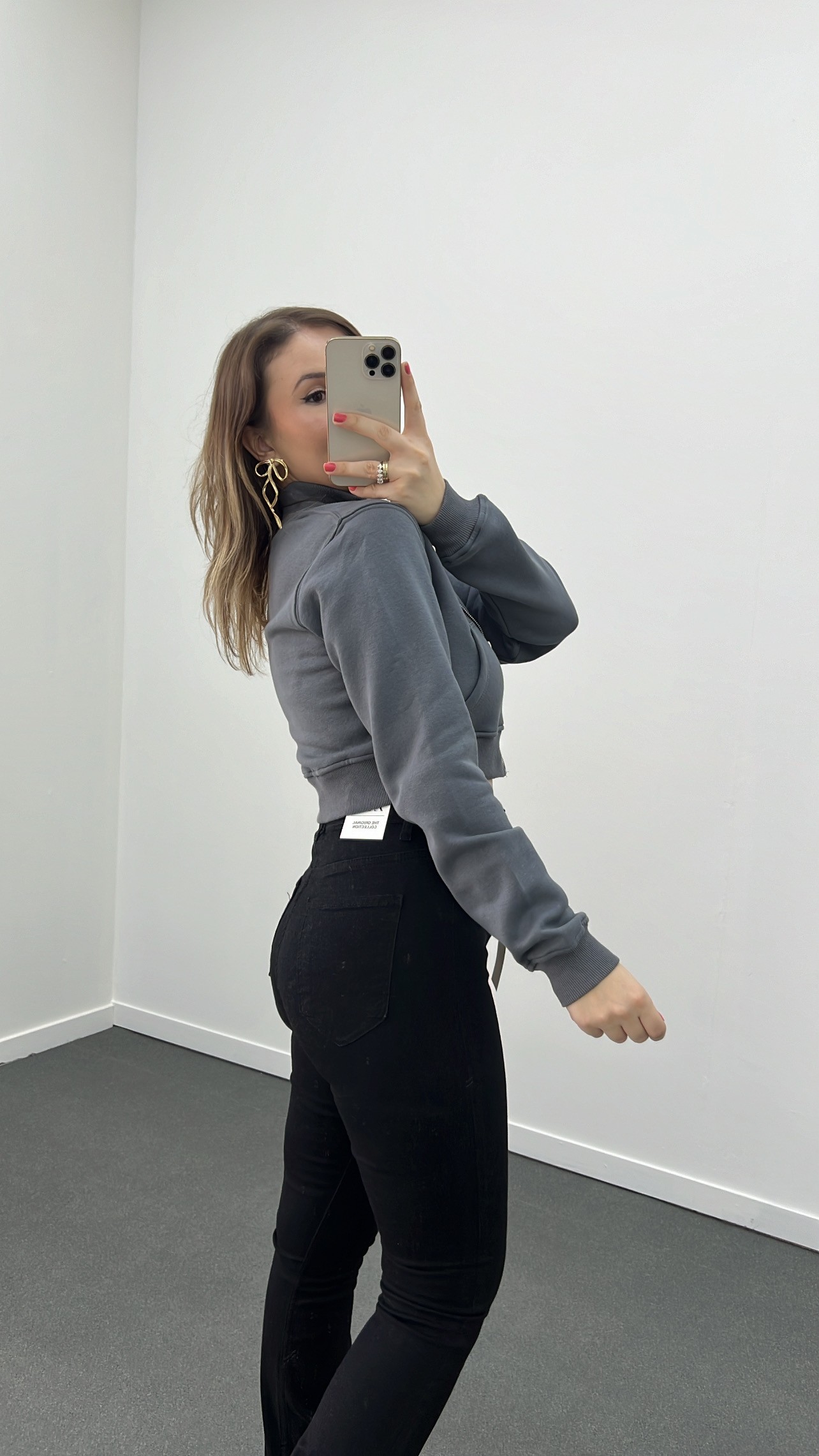 HM Gri Fermuarlı Crop Hırka