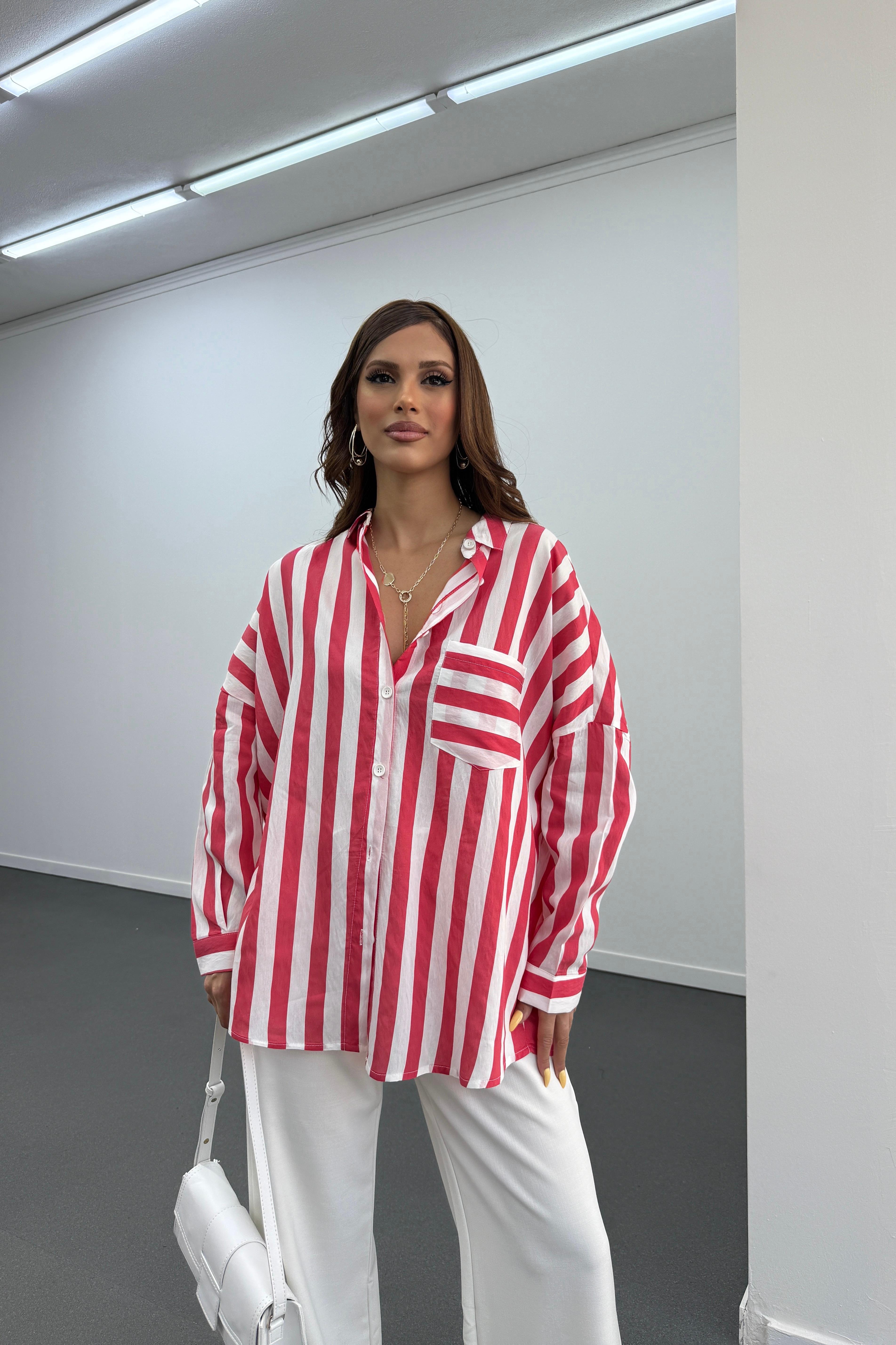 Farva Kırmızı Çizgili Oversize Gömlek