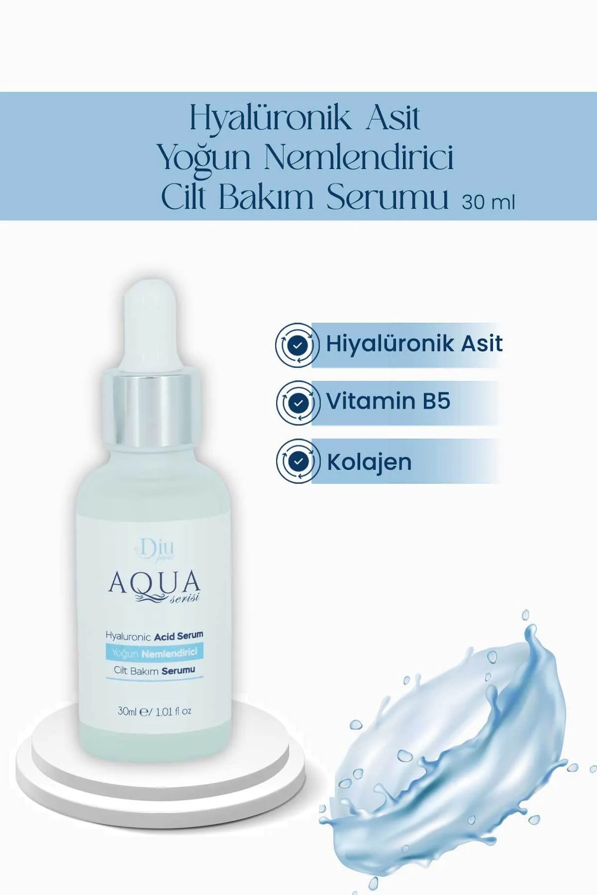 Aqua Serisi Yoğun Nemlendirici Serum Hyalüronik Asit Kolajen Cilt Bakım Serumu 30 Ml