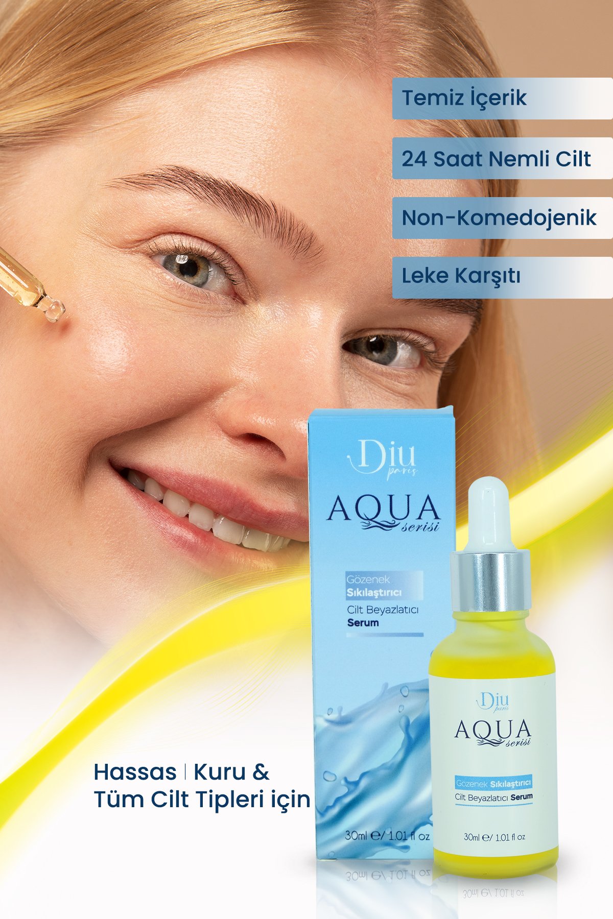 Aqua Serisi Leke Karşıtı Cilt Beyazlatıcı Gözenek Sıkılaştırıcı Cilt Tonu Eşitleyici Bakım Serumu 30 Ml