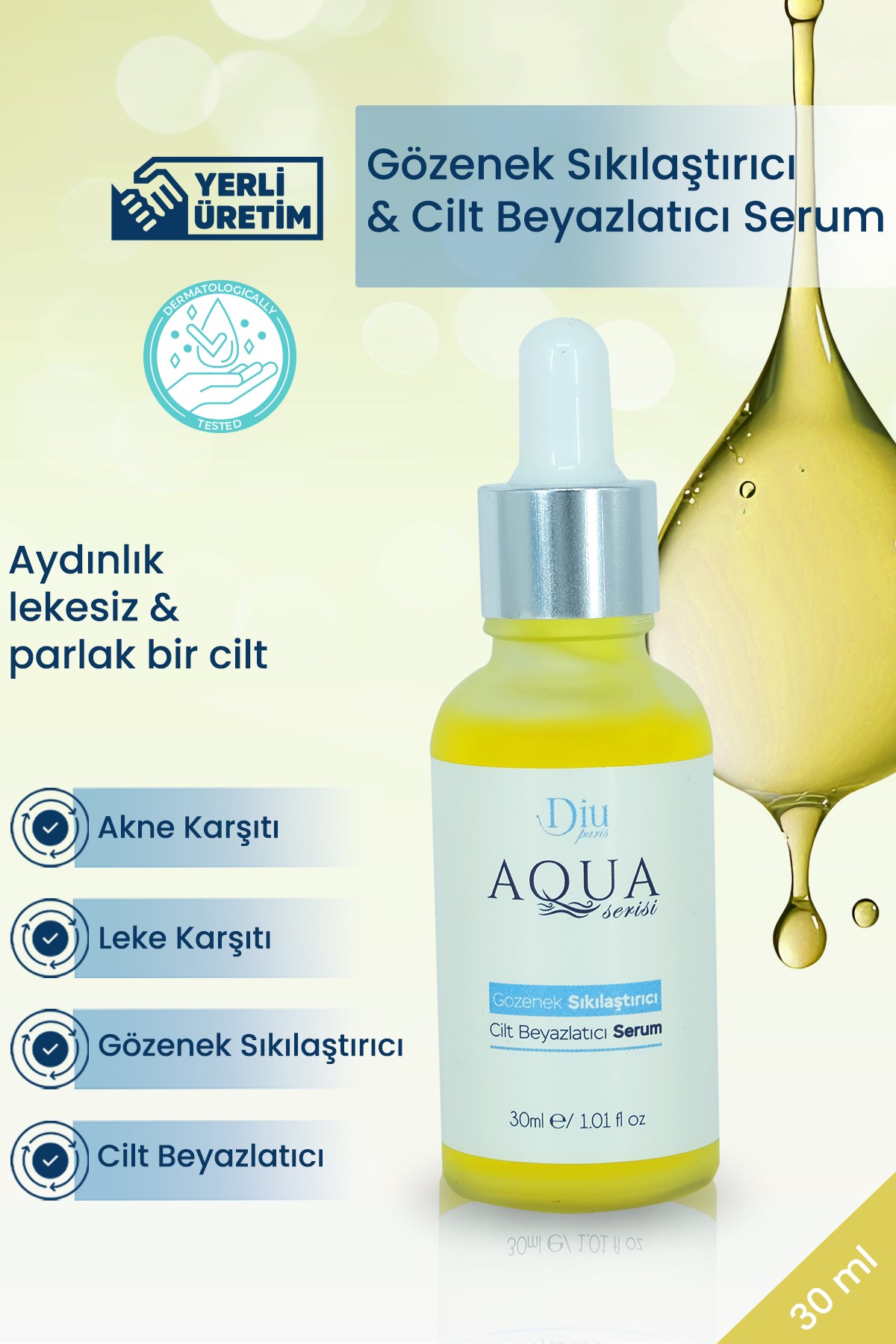 Aqua Serisi Leke Karşıtı Cilt Beyazlatıcı Gözenek Sıkılaştırıcı Cilt Tonu Eşitleyici Bakım Serumu 30 Ml