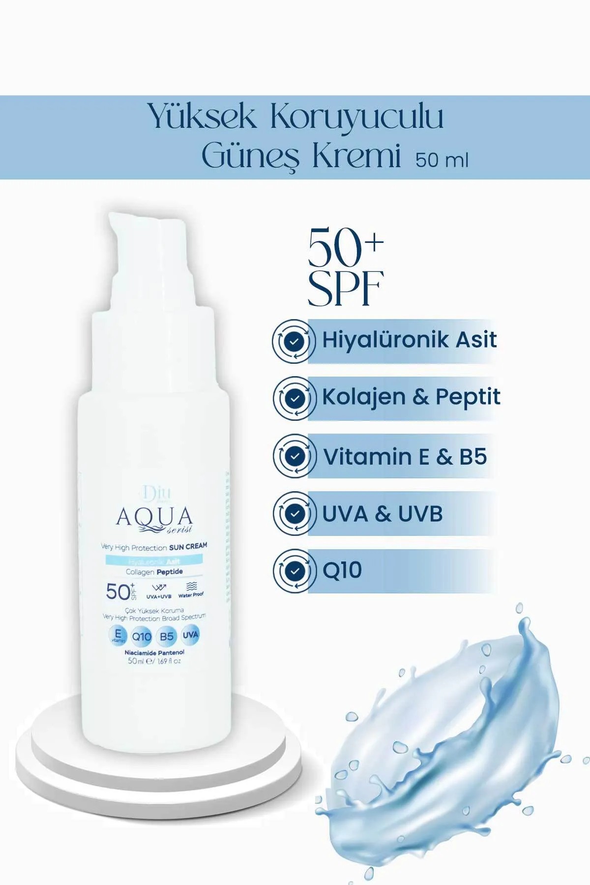 Aqua Spf 50+ Güneş Kremi Yaşlanma ve Leke Karşıtı Suya Dayanıklı Uva Uvb Q10 Çok Yüksek Koruma 50 ml