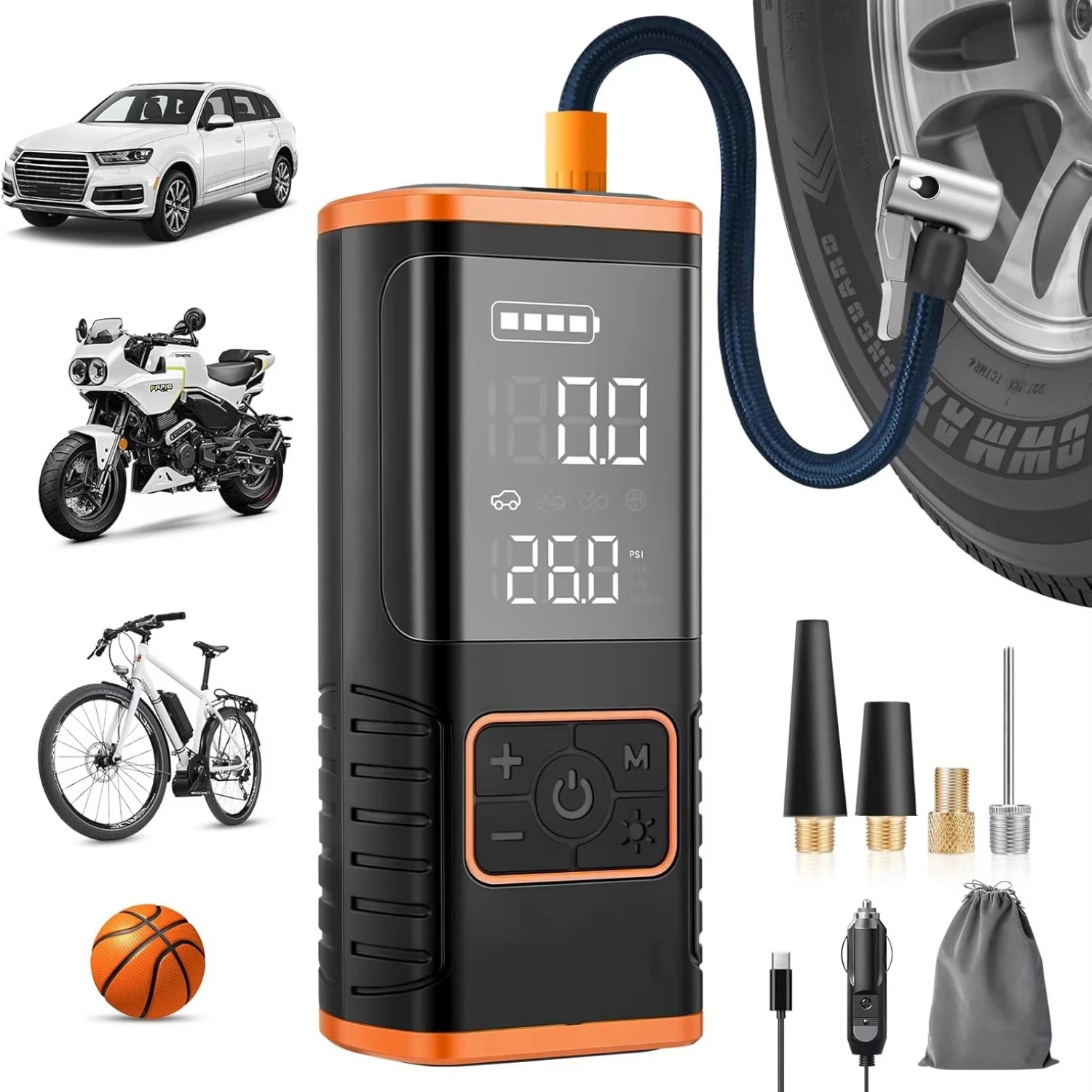 Powerbank Özellikli Şarjlı Kablosuz Araç Lastik Şişirme Hava Kompresörü - Çakmaklık Girişli A5588