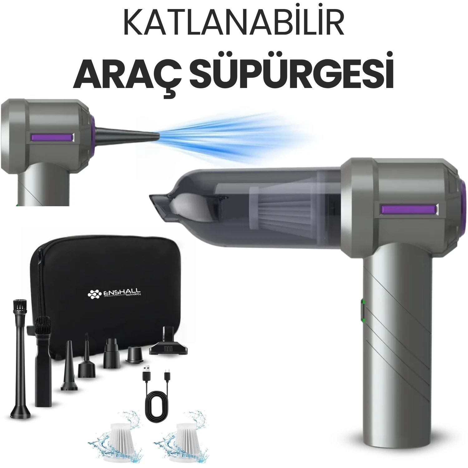 Katlanabilir 15.000Pa Güçlü Kablosuz Şarjlı Mini Araç Süpürgesi 2in1 - AHV06