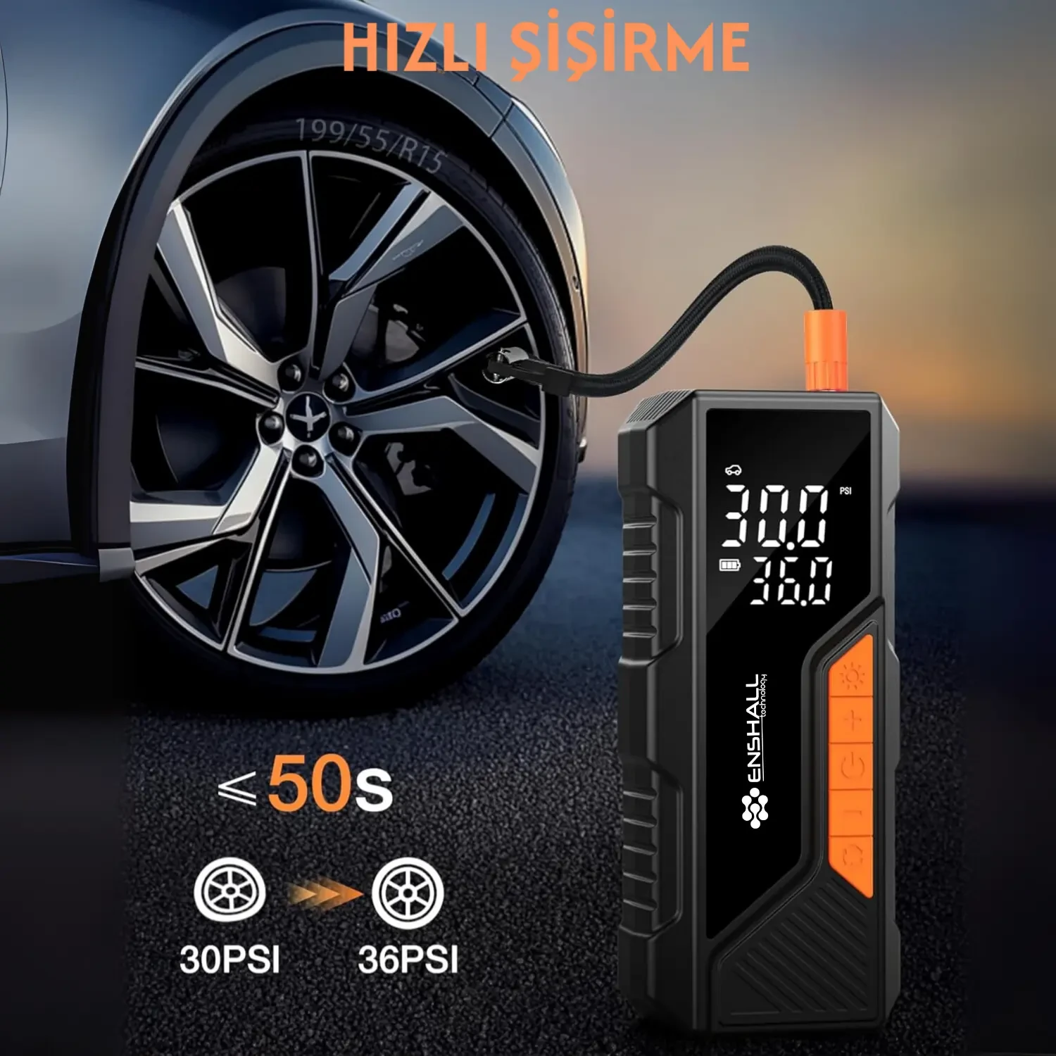 Şarjlı Kablosuz Powerbank Özellikli Araç Lastik Şişirme Hava Kompresörü - Çakmaklık Girişli DC04