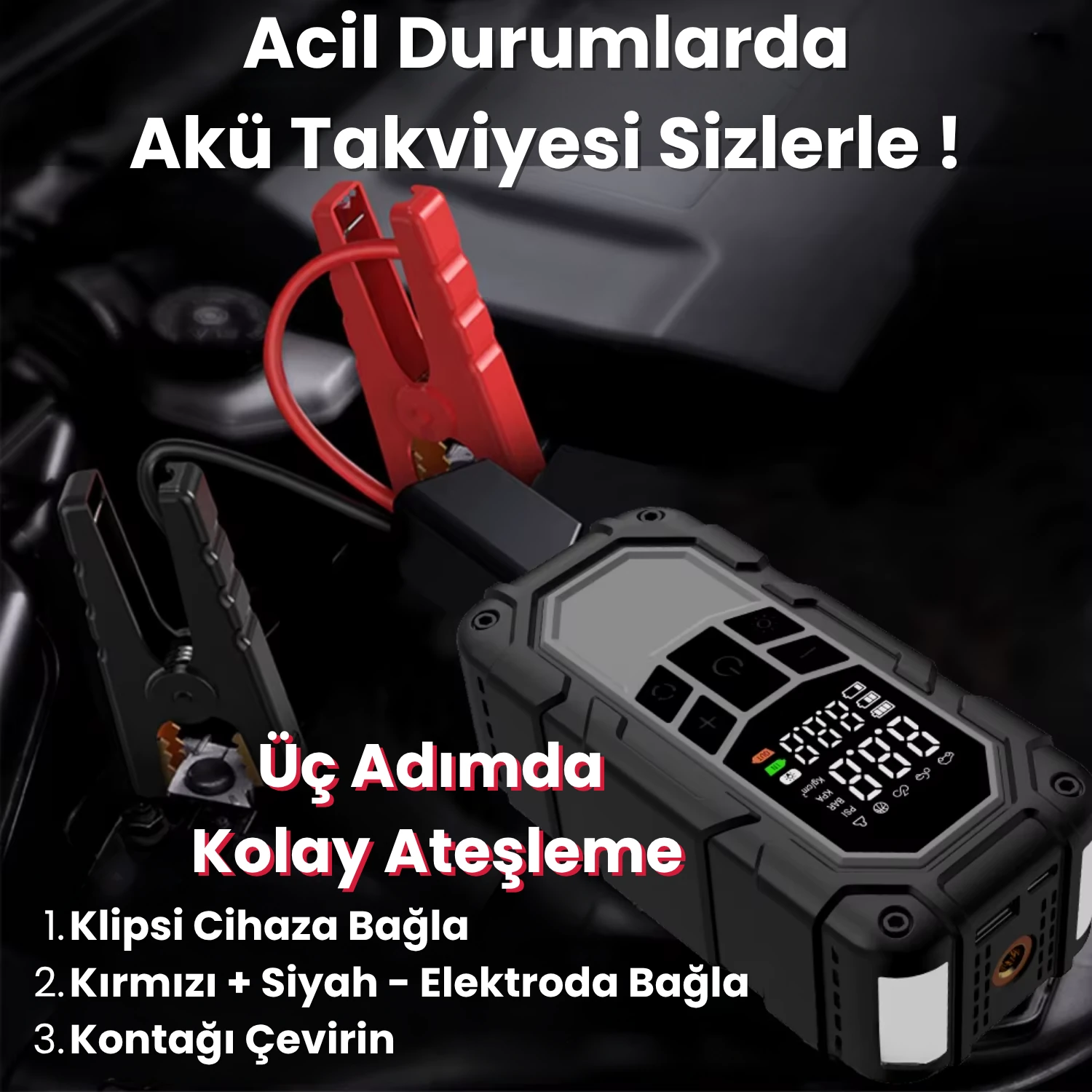 8000mAh Akü Takviyeli (Jump Starter) Powerbank Özellikli Şarjlı Taşınabilir Hava Kompresörü - A6644