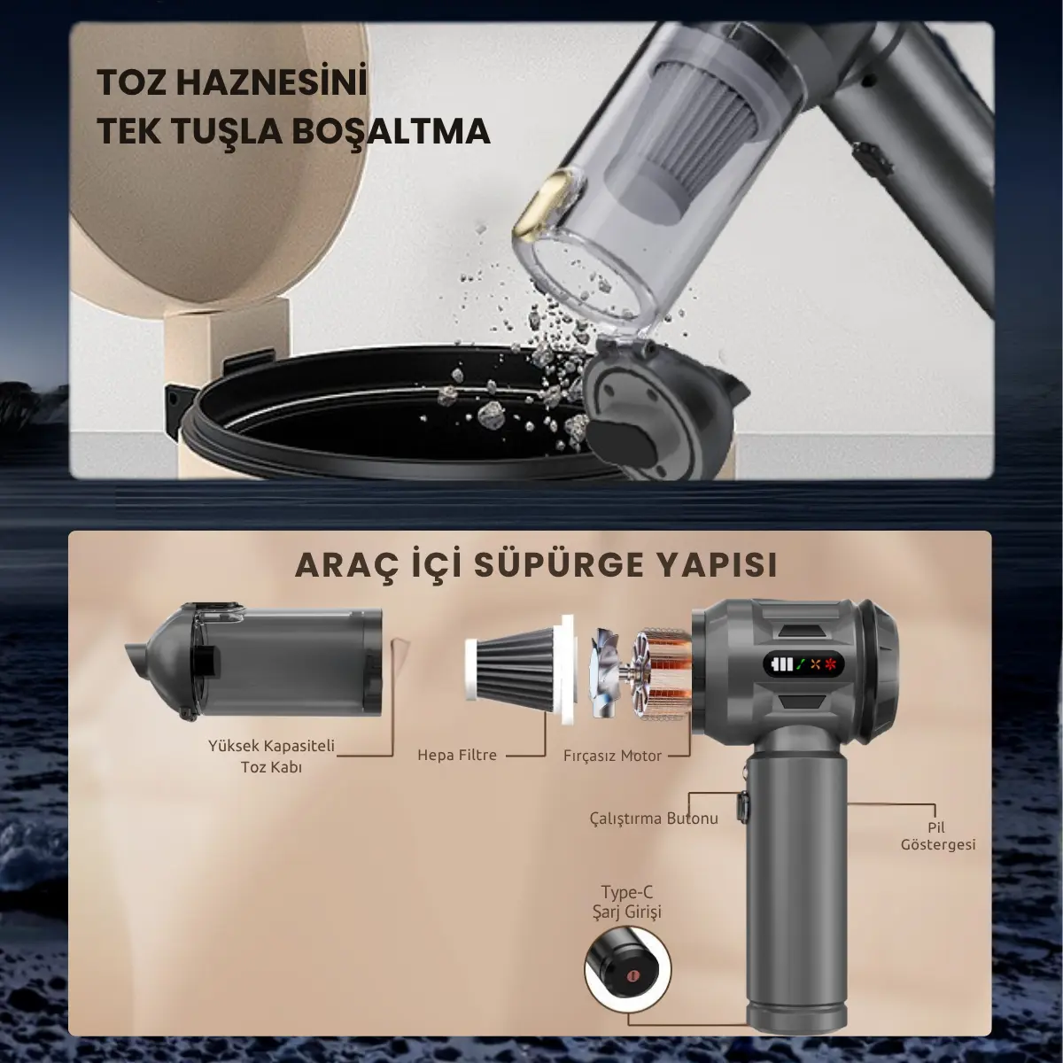 17.000Pa Ultra Çekim Güçlü Katlanabilir Kablosuz Araç Süpürgesi - Şarjlı Mini 2in1 - AHV11