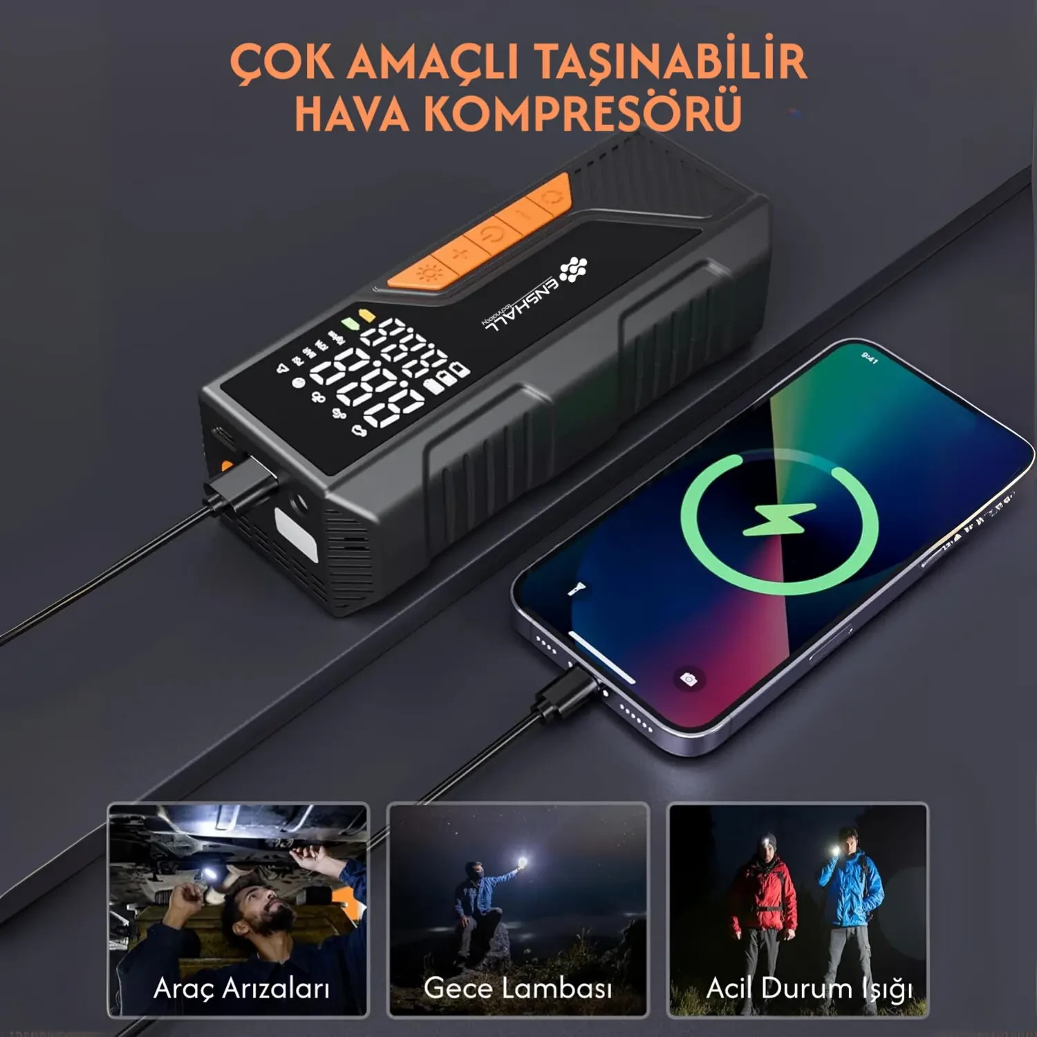 Şarjlı Kablosuz Powerbank Özellikli Araç Lastik Şişirme Hava Kompresörü - Çakmaklık Girişli DC04