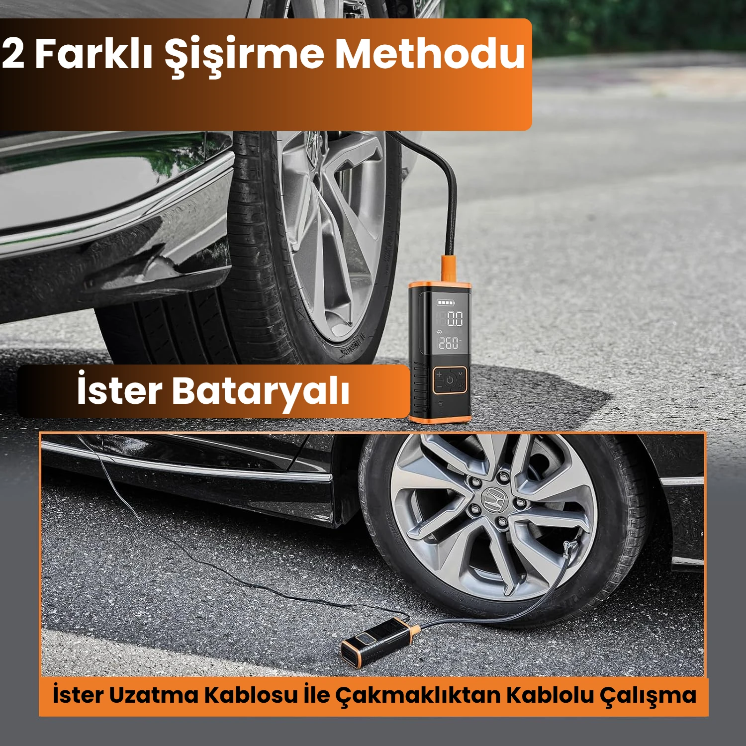 Powerbank Özellikli Şarjlı Kablosuz Araç Lastik Şişirme Hava Kompresörü - Çakmaklık Girişli A5588