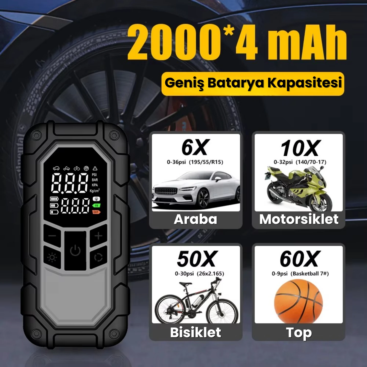 8000mAh Akü Takviyeli (Jump Starter) Powerbank Özellikli Şarjlı Taşınabilir Hava Kompresörü - A6644