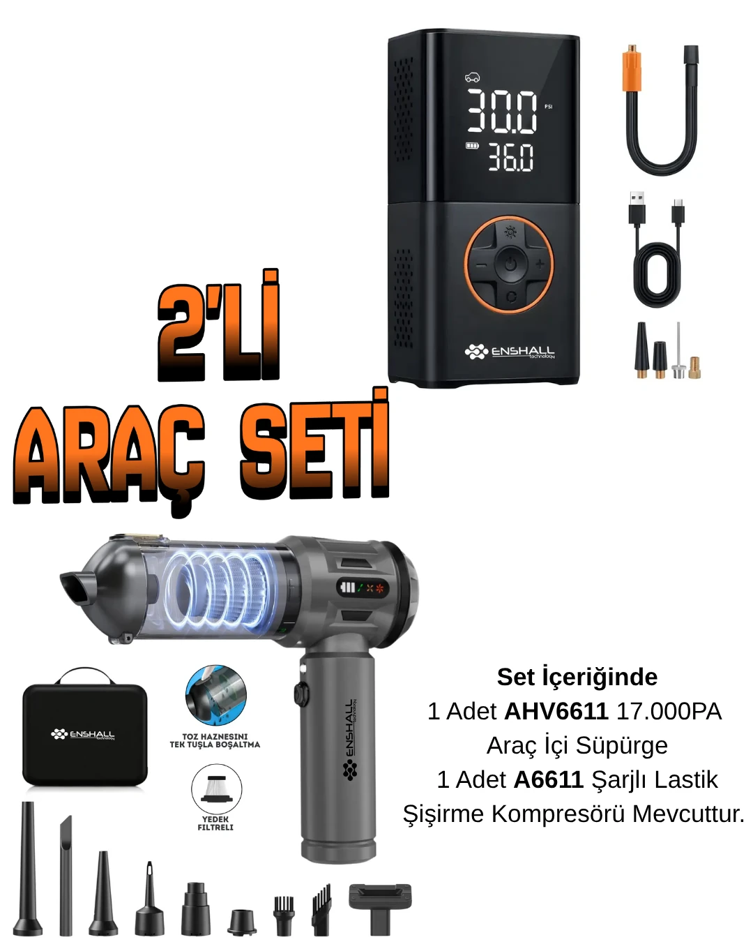 Araç Seti ( AVH11-A6611 ) Araç İçi Süpürge ve Araç Kompresörü