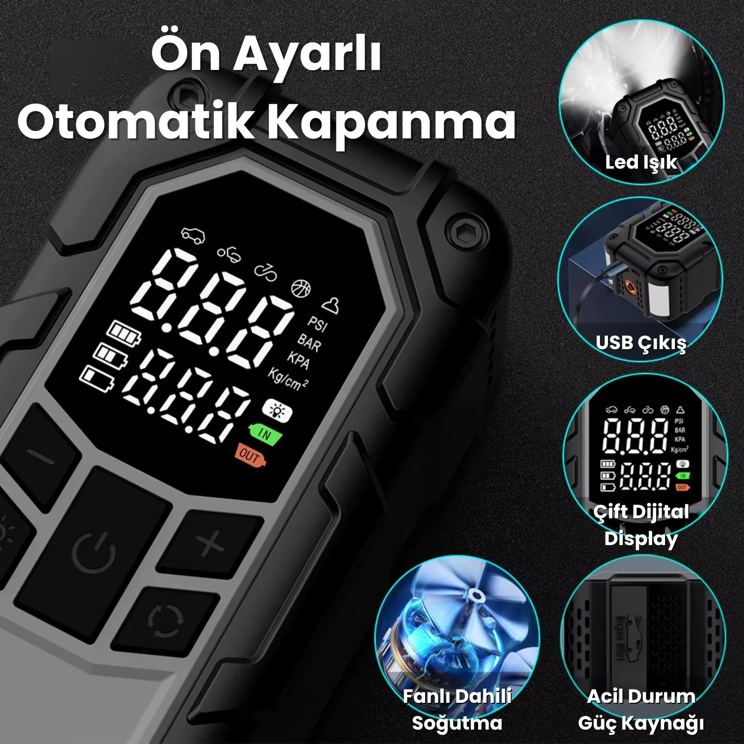 8000mAh Akü Takviyeli (Jump Starter) Powerbank Özellikli Şarjlı Taşınabilir Hava Kompresörü - A6644