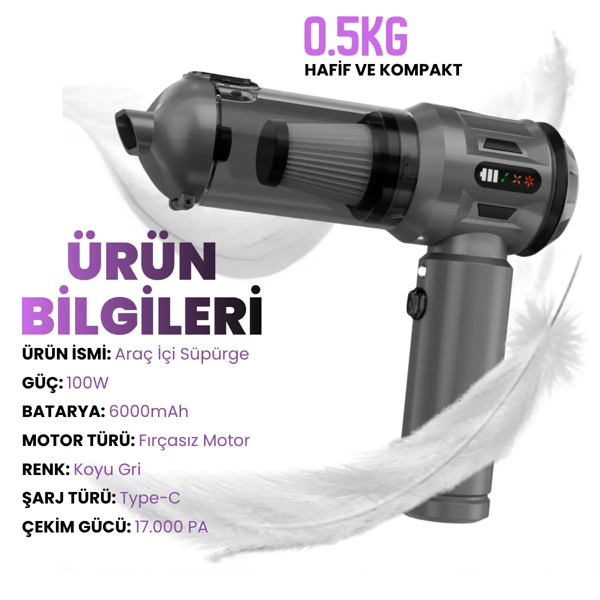 17.000Pa Ultra Çekim Güçlü Katlanabilir Kablosuz Araç Süpürgesi - Şarjlı Mini 2in1 - AHV11