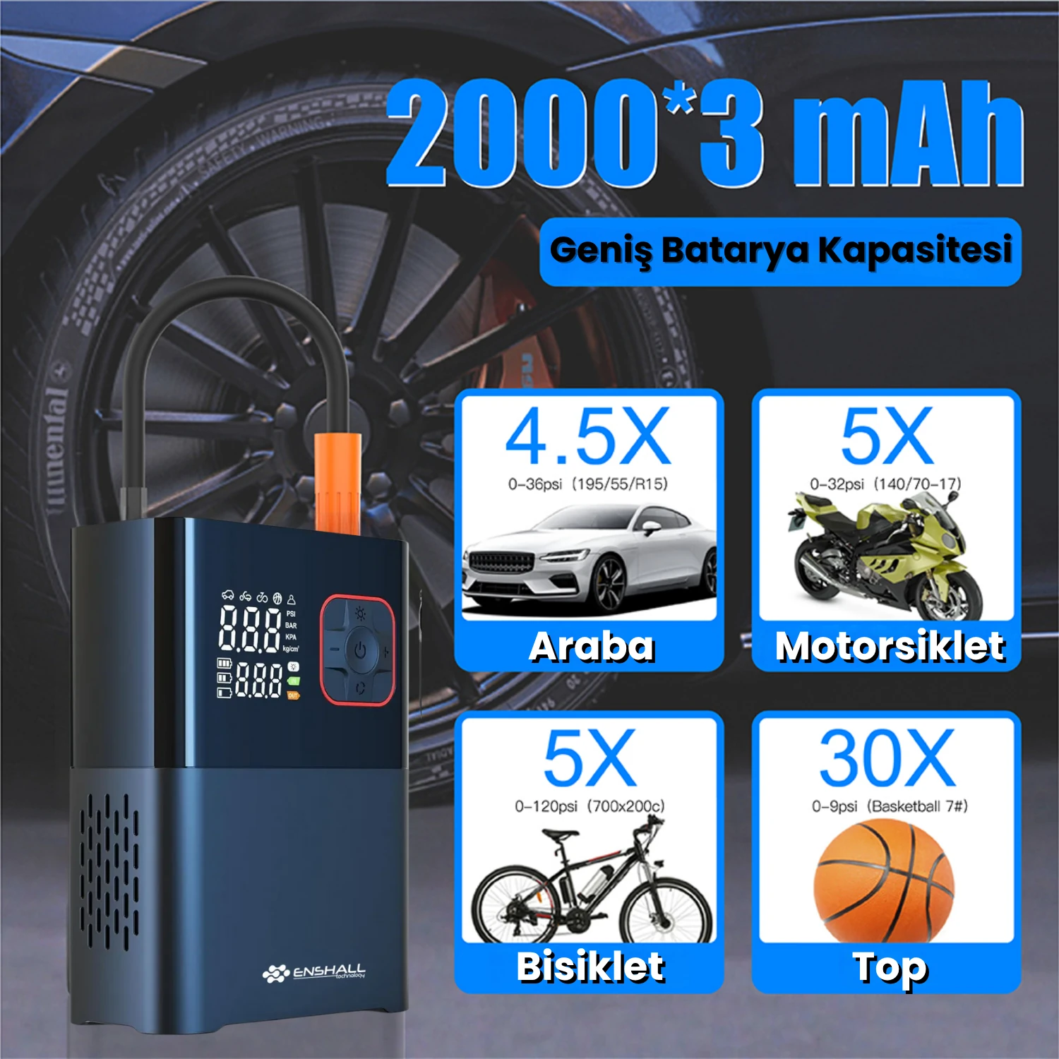 Şarjlı Kablosuz Powerbank Özellikli Araç Lastik Şişirme Hava Kompresörü - Çakmaklık Girişli 5659