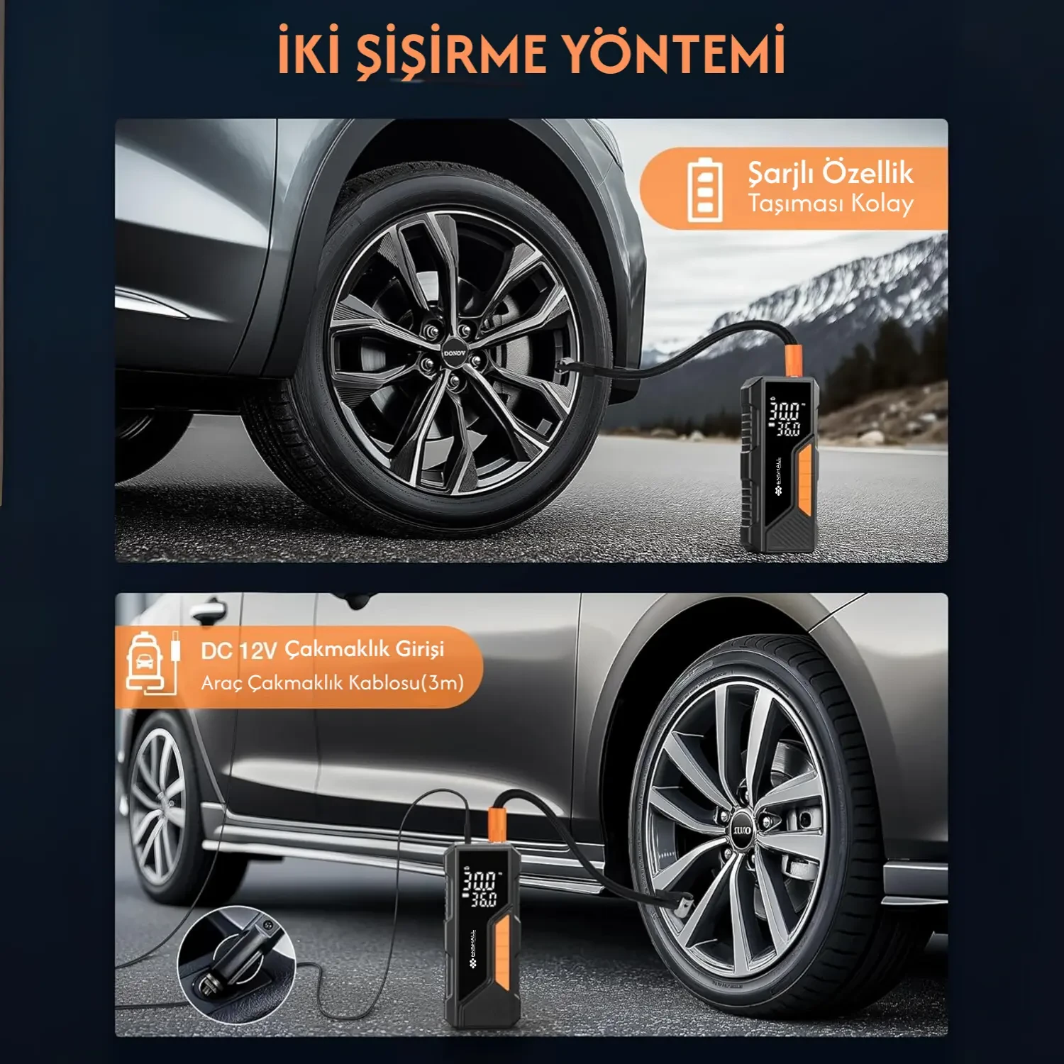 Şarjlı Kablosuz Powerbank Özellikli Araç Lastik Şişirme Hava Kompresörü - Çakmaklık Girişli DC04