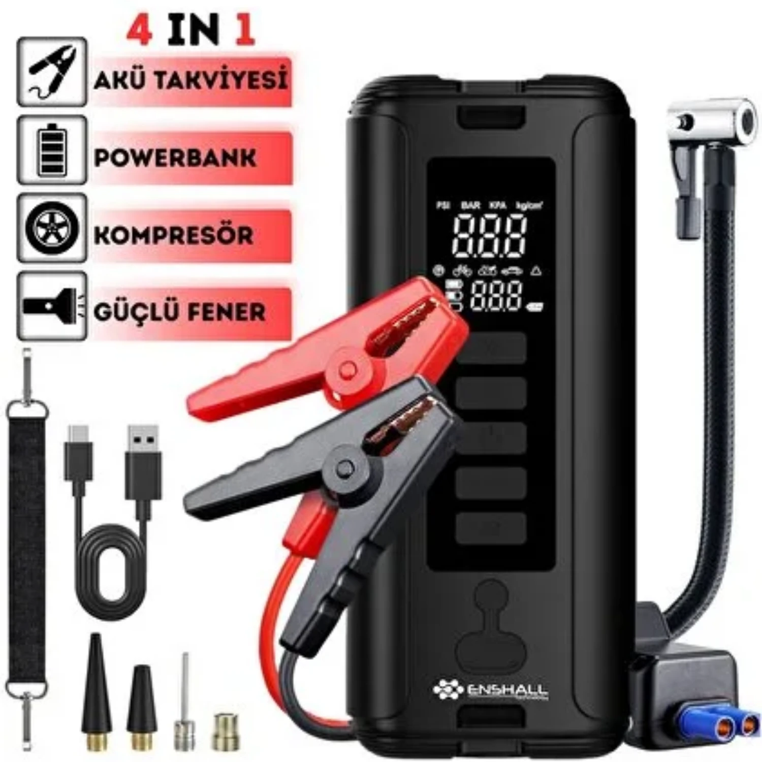 Akü Takviyeli (Jump Starter) Powerbank Özellikli Şarjlı Taşınabilir Araç Lastik Şişirme Kompresörü - 5683