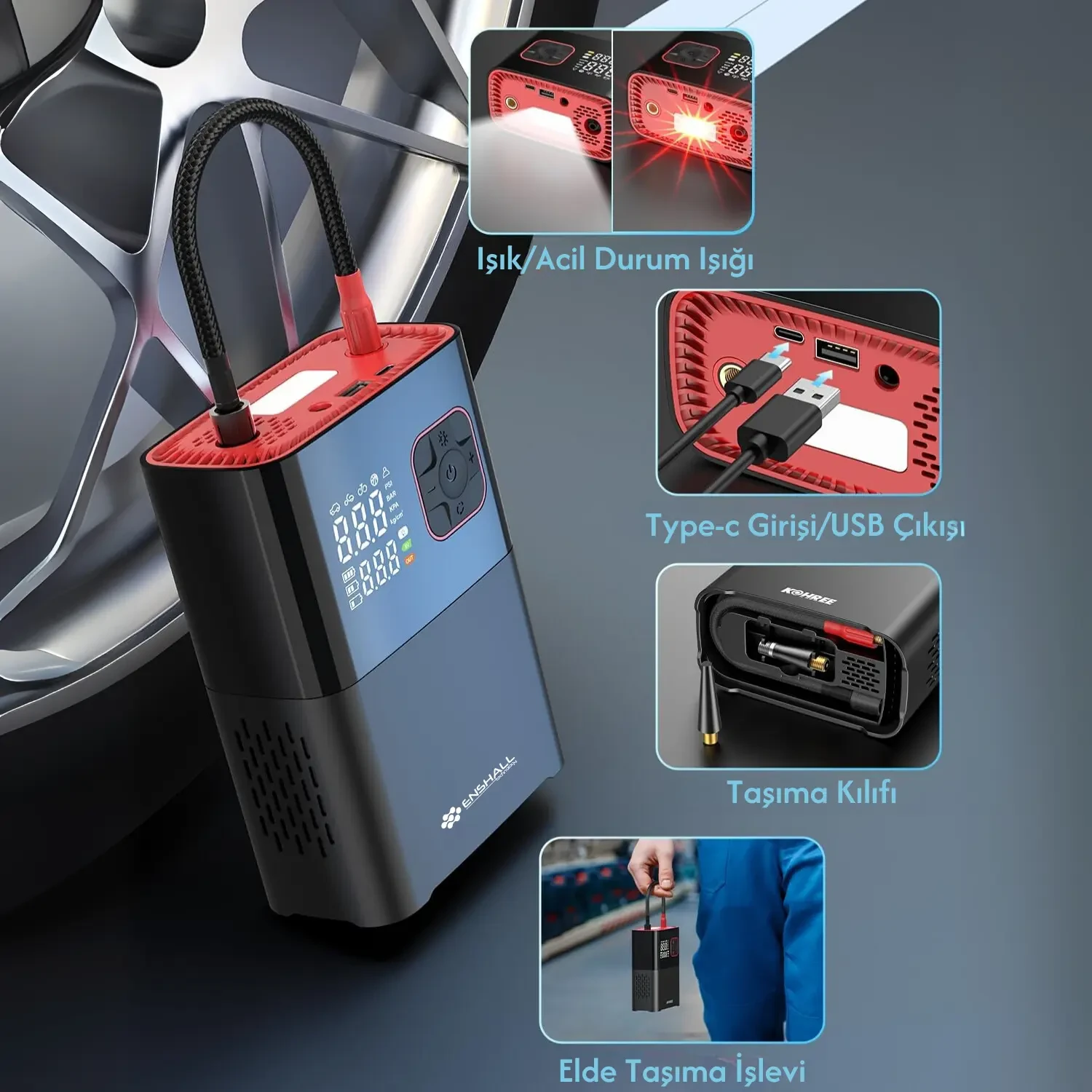 Şarjlı Kablosuz Powerbank Özellikli Araç Lastik Şişirme Hava Kompresörü - Çakmaklık Girişli 5659