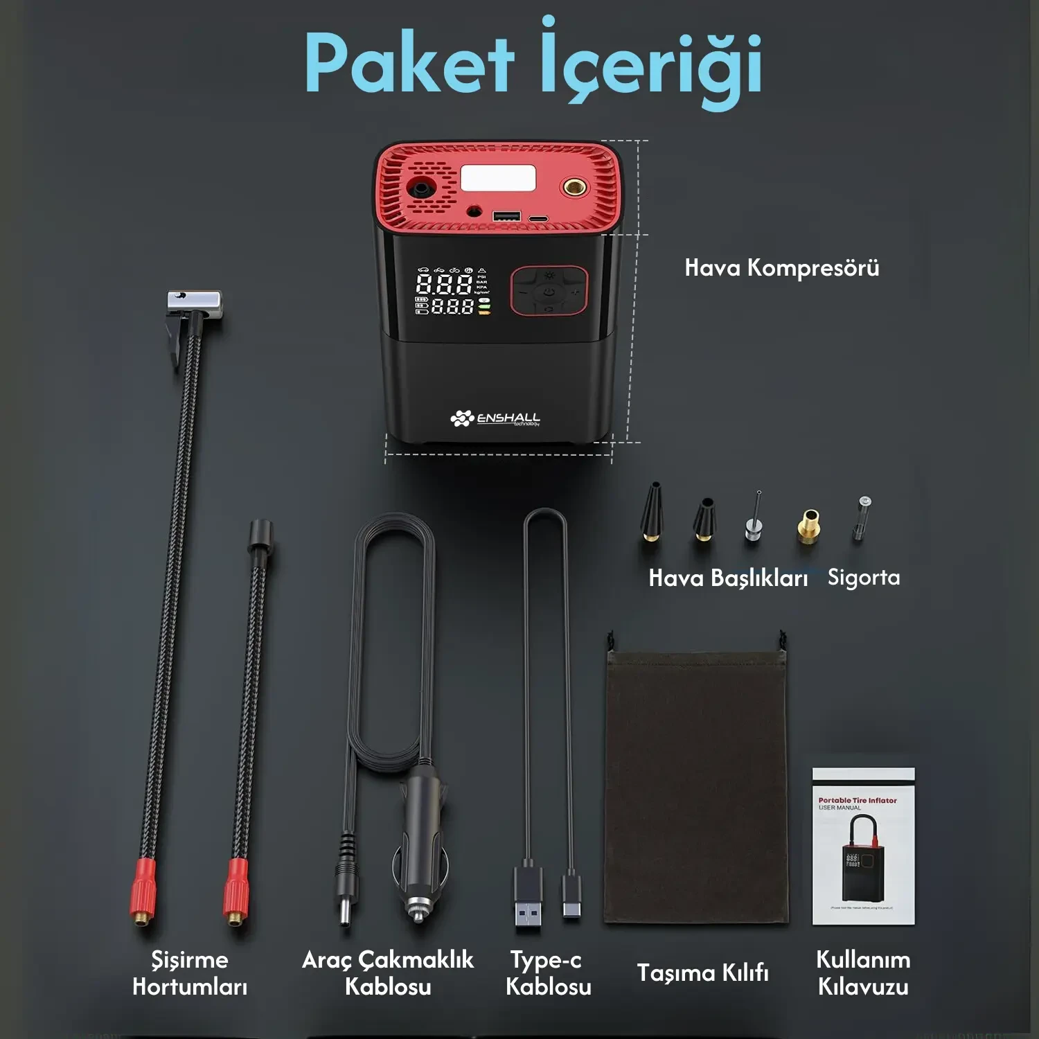 Şarjlı Kablosuz Powerbank Özellikli Araç Lastik Şişirme Hava Kompresörü - Çakmaklık Girişli 5659