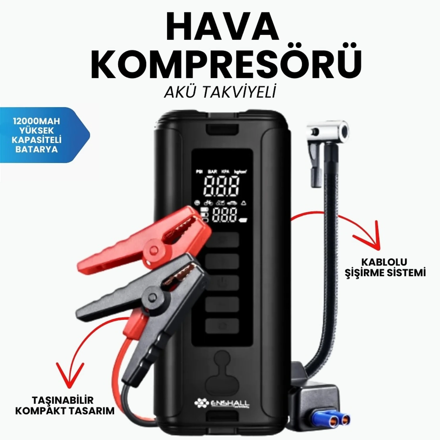 Akü Takviyeli (Jump Starter) Powerbank Özellikli Şarjlı Taşınabilir Araç Lastik Şişirme Kompresörü - 5683
