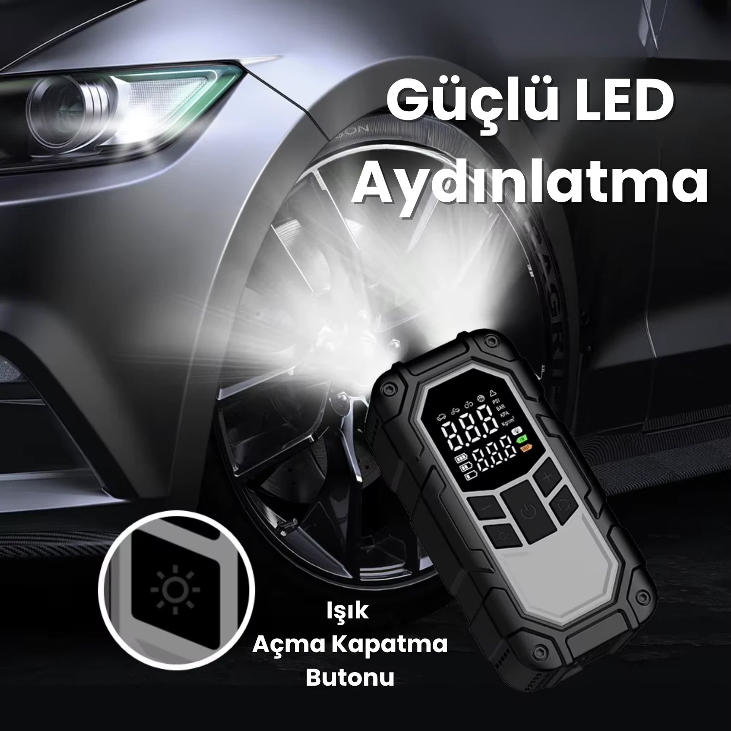 8000mAh Akü Takviyeli (Jump Starter) Powerbank Özellikli Şarjlı Taşınabilir Hava Kompresörü - A6644