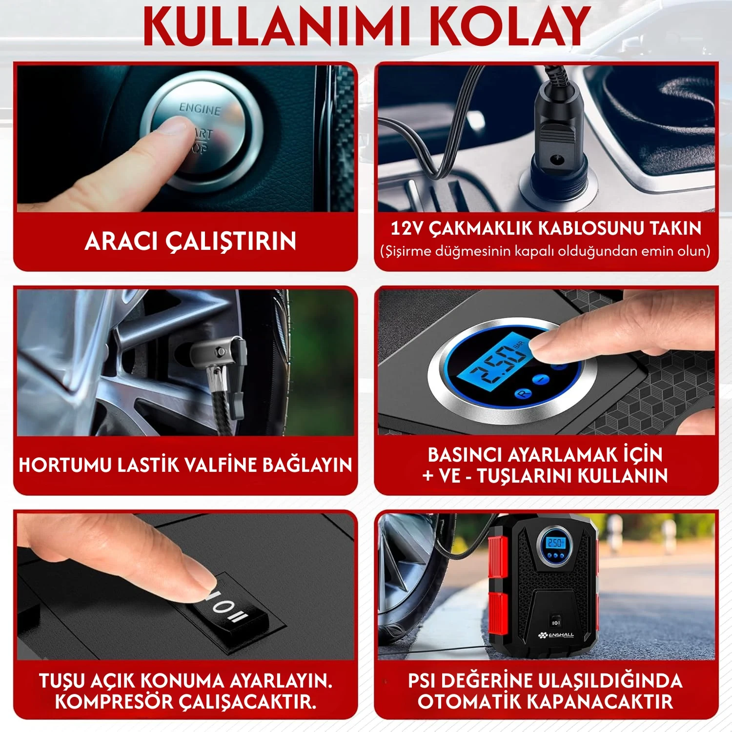 Çakmaklık Girişli Kablolu Araç Lastik Şişirme Hava Kompresörü - LED Işıklı Taşınabilir 3609B