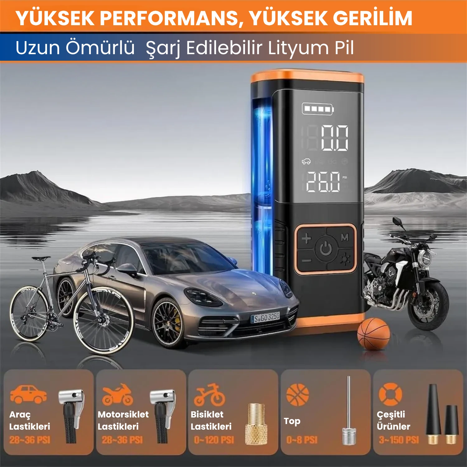 Powerbank Özellikli Şarjlı Kablosuz Araç Lastik Şişirme Hava Kompresörü - Çakmaklık Girişli A5588