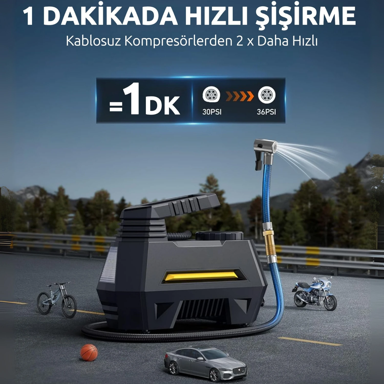 100W Çakmaklık Girişli Kablolu Araç Lastik Şişirme Hava Kompresörü - LED Işıklı A6688