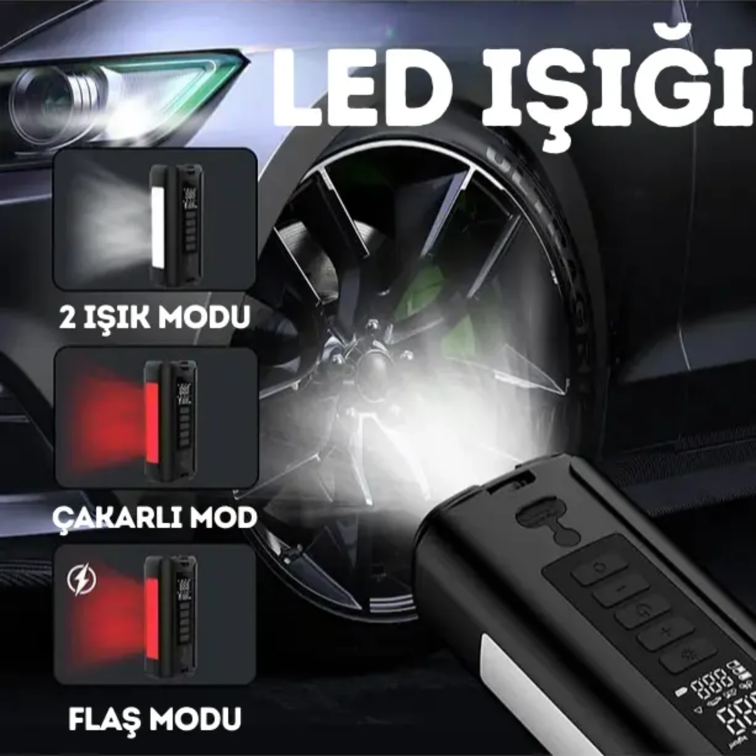 Akü Takviyeli (Jump Starter) Powerbank Özellikli Şarjlı Taşınabilir Araç Lastik Şişirme Kompresörü - 5683