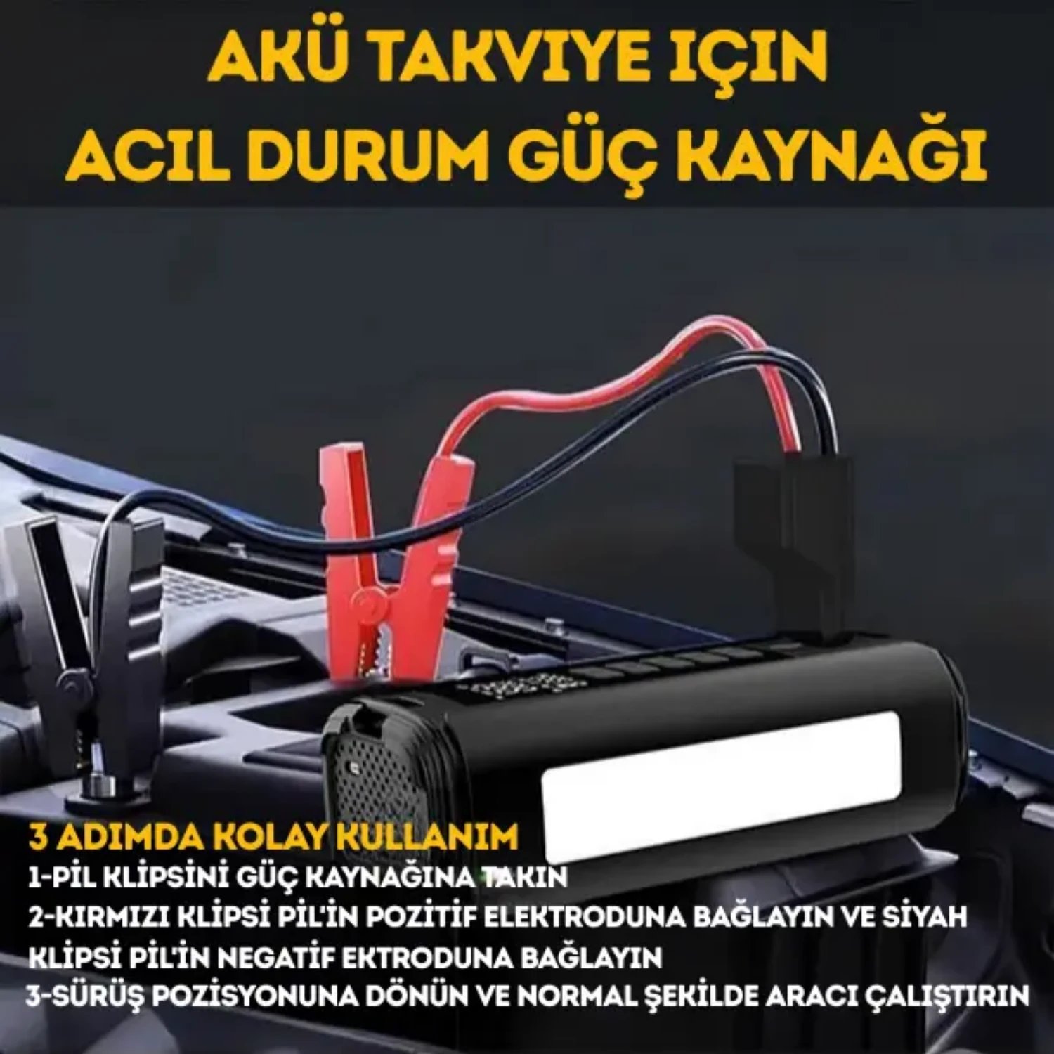 Akü Takviyeli (Jump Starter) Powerbank Özellikli Şarjlı Taşınabilir Araç Lastik Şişirme Kompresörü - 5683