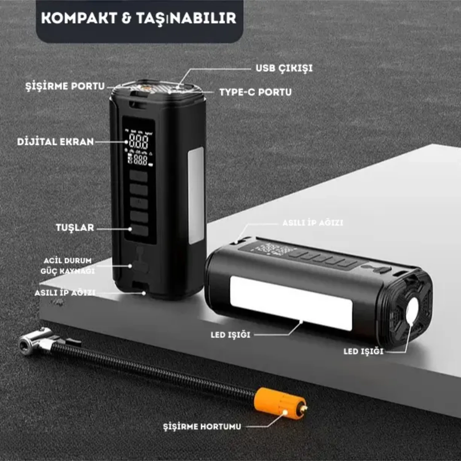 Akü Takviyeli (Jump Starter) Powerbank Özellikli Şarjlı Taşınabilir Araç Lastik Şişirme Kompresörü - 5683