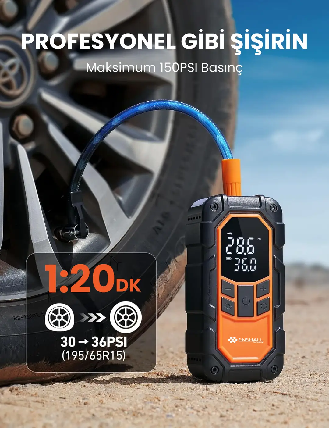8000mAh Akü Takviyeli Powerbank Şarjlı Lastik Kompresörü | Acil