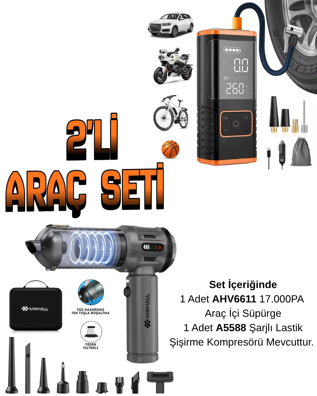Araç Seti ( AVH11-5588 ) Araç İçi Süpürge ve Araç Kompresörü
