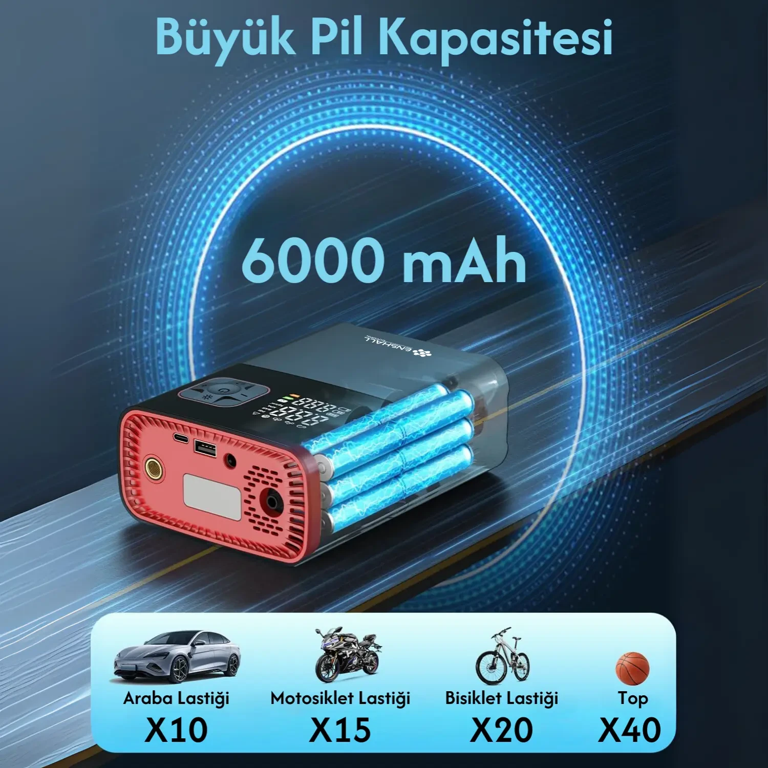 Şarjlı Kablosuz Powerbank Özellikli Araç Lastik Şişirme Hava Kompresörü - Çakmaklık Girişli 5659