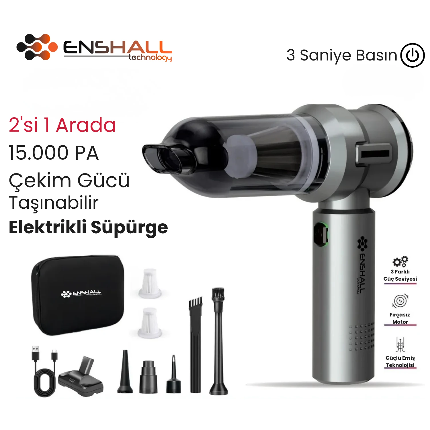 15.000Pa Ultra Çekim Güçlü Kablosuz Araç Süpürgesi - Şarjlı Mini 2in1 - AHV01