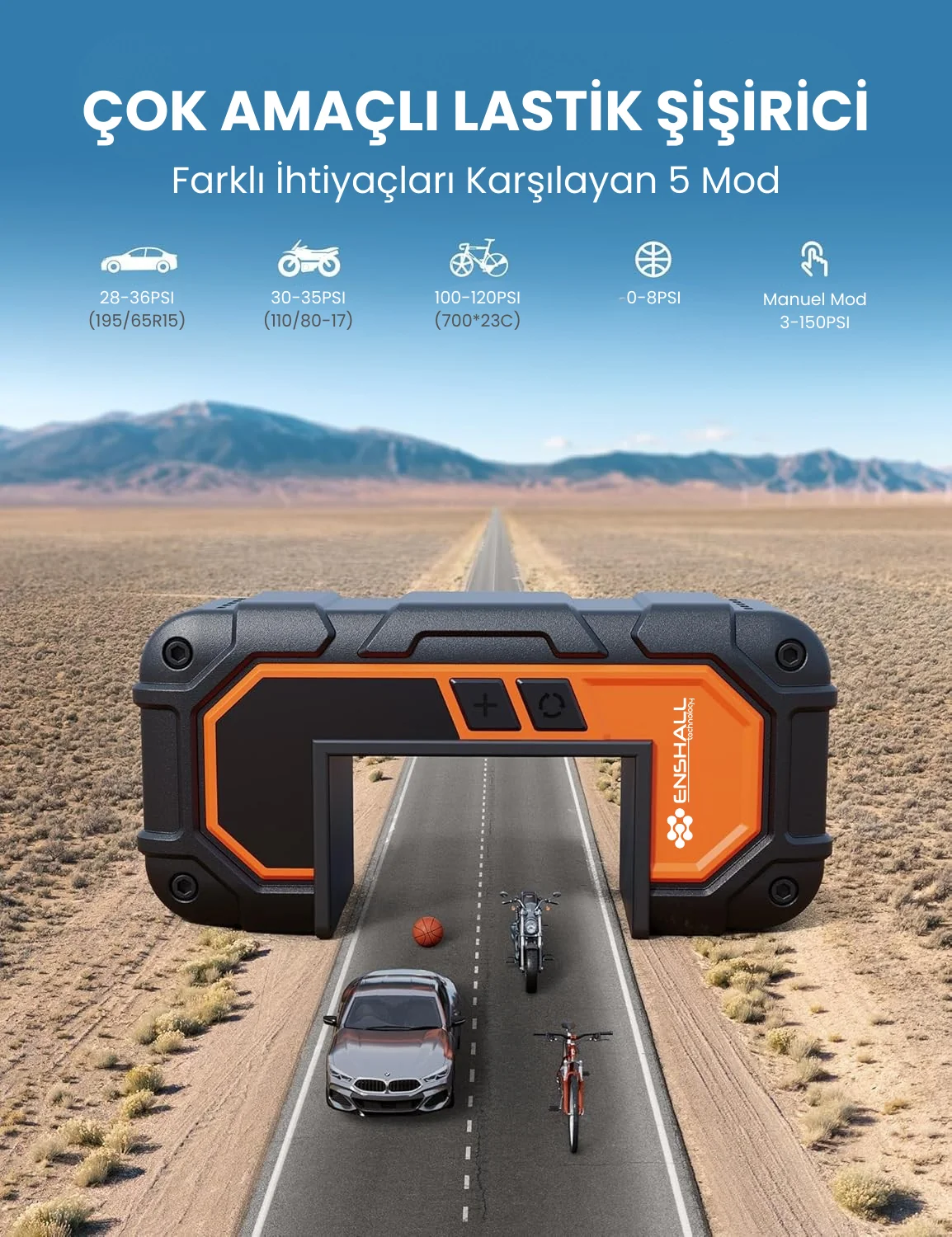 8000mAh Akü Takviyeli Powerbank Şarjlı Lastik Kompresörü | Acil