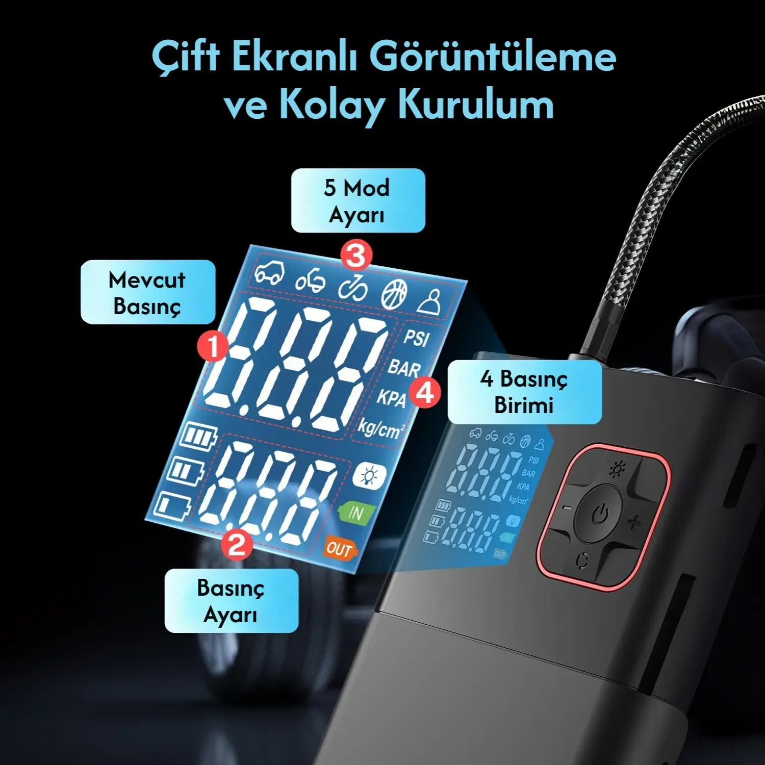 Şarjlı Kablosuz Powerbank Özellikli Araç Lastik Şişirme Hava Kompresörü - Çakmaklık Girişli 5659