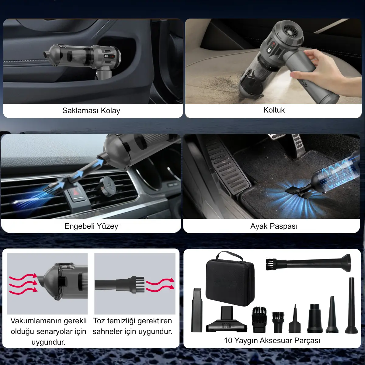 17.000Pa Ultra Çekim Güçlü Katlanabilir Kablosuz Araç Süpürgesi - Şarjlı Mini 2in1 - AHV11