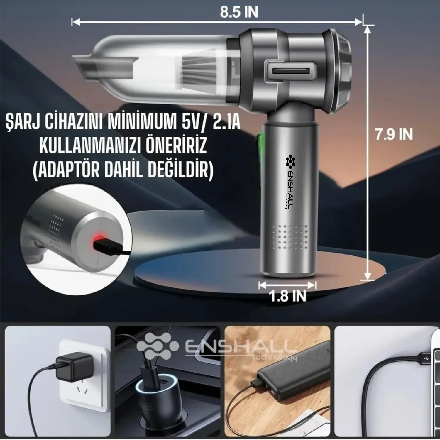 15.000Pa Ultra Çekim Güçlü Kablosuz Araç Süpürgesi - Şarjlı Mini 2in1 - AHV01