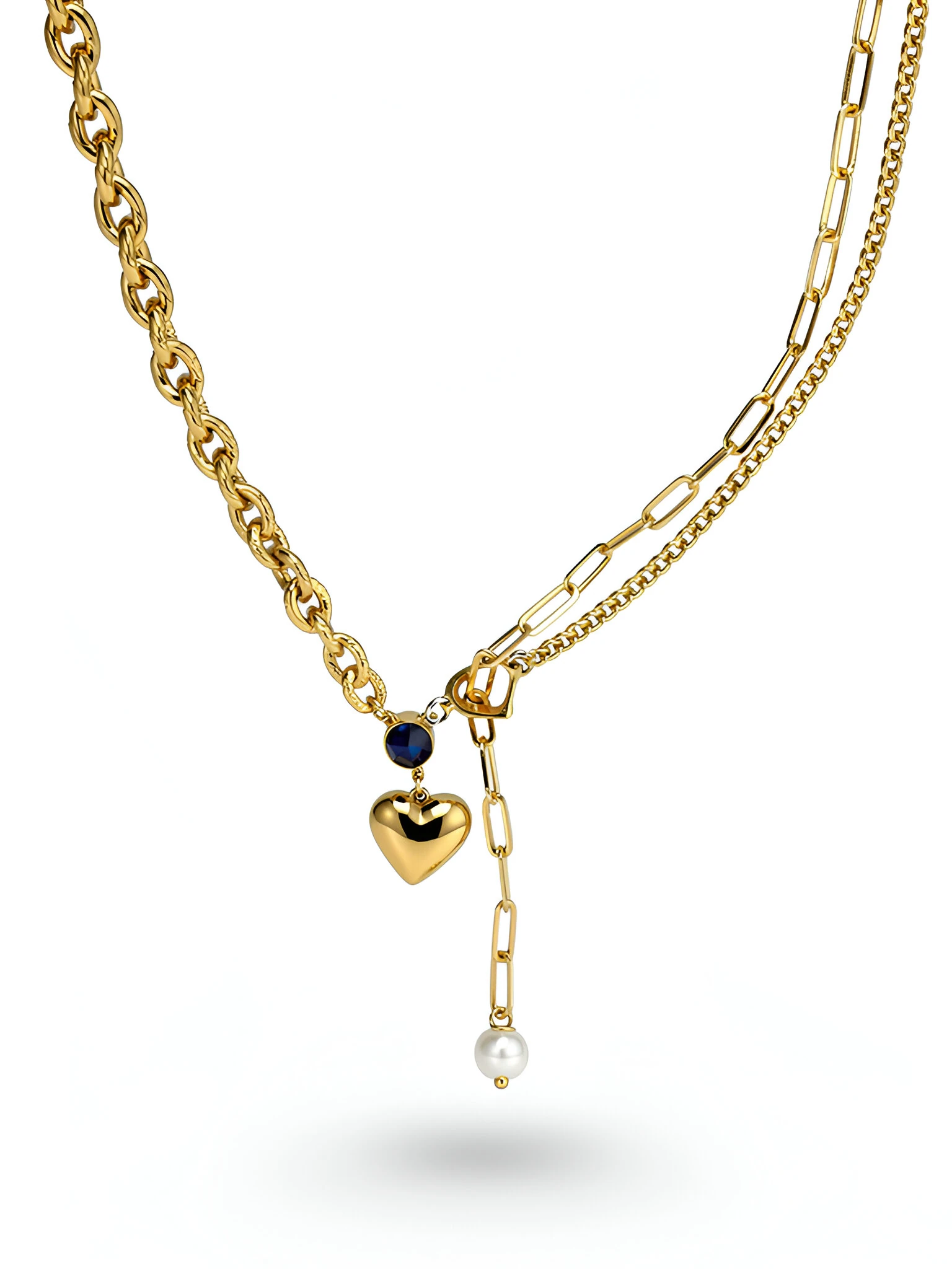 Mavi taşlı inci detaylı  çelik kalp kolye