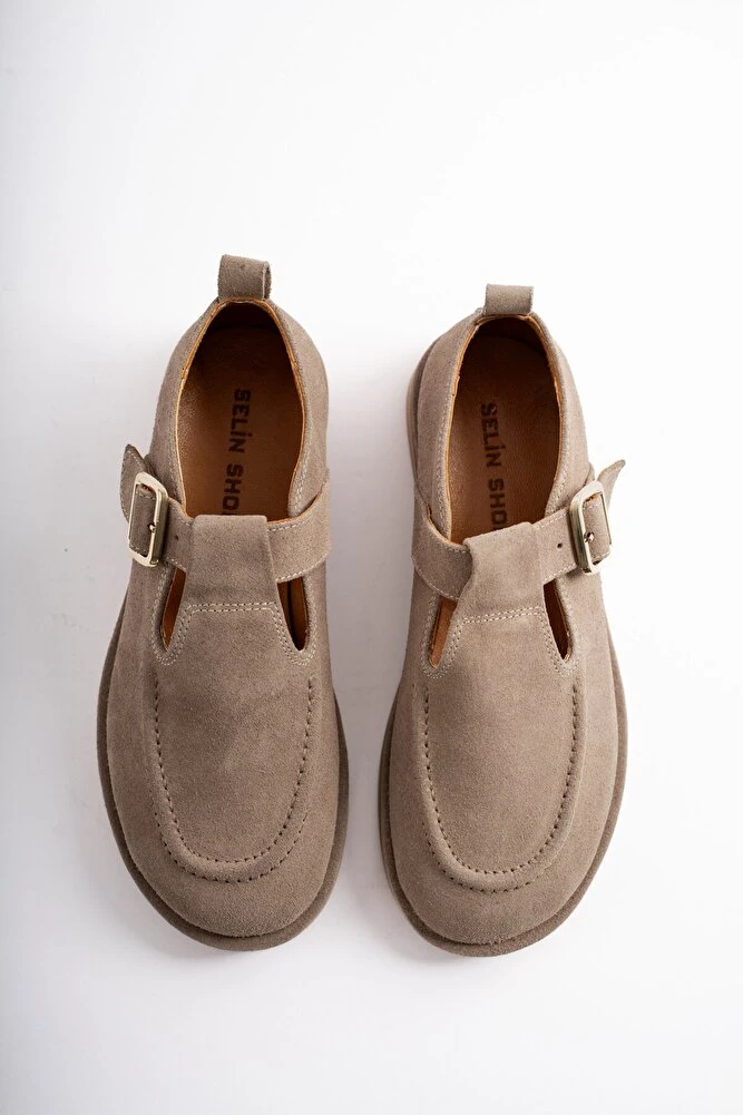 Cassiel Hakiki Deri Gold Ayarlanabilir Toka Detaylı Kadın Loafer- SİYAH SÜET - Vizon Süet