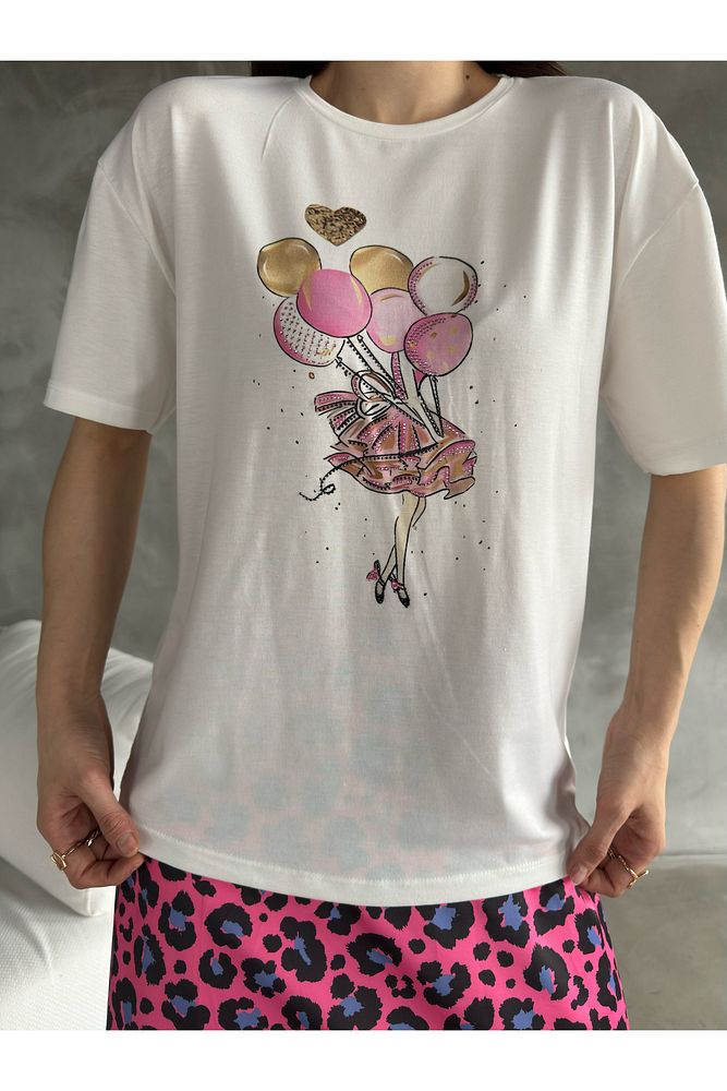 Baskılı Taşlı T-Shirt