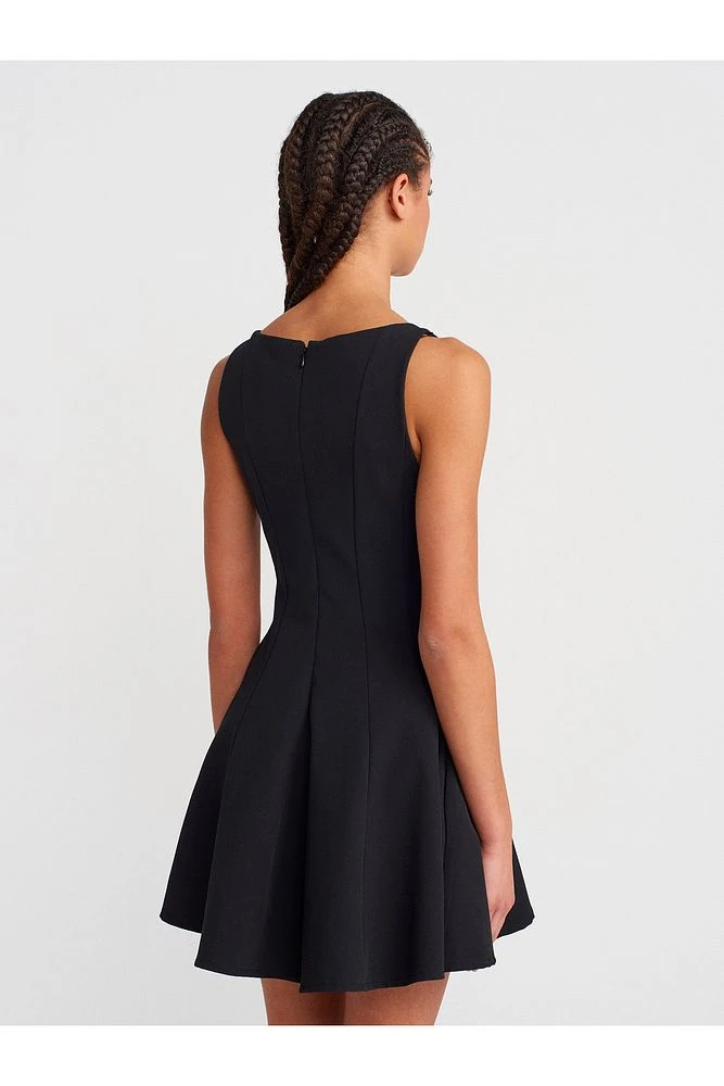 91446 Kayık Yaka Godeli Mini Elbise-siyah