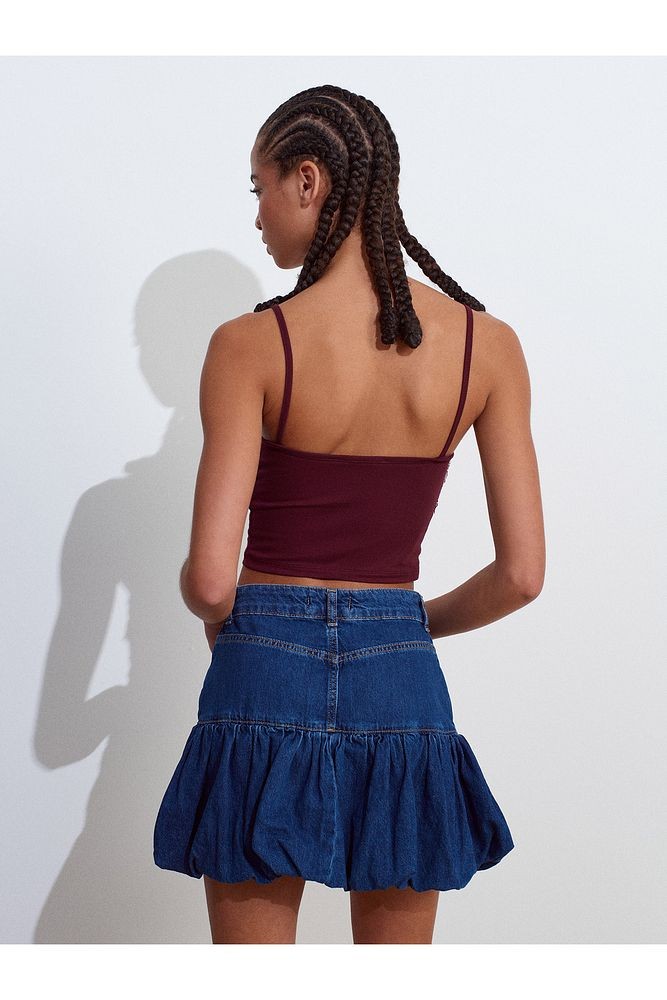 80573 Altı Büzgülü Denim Balon Etek-koyu Mavi