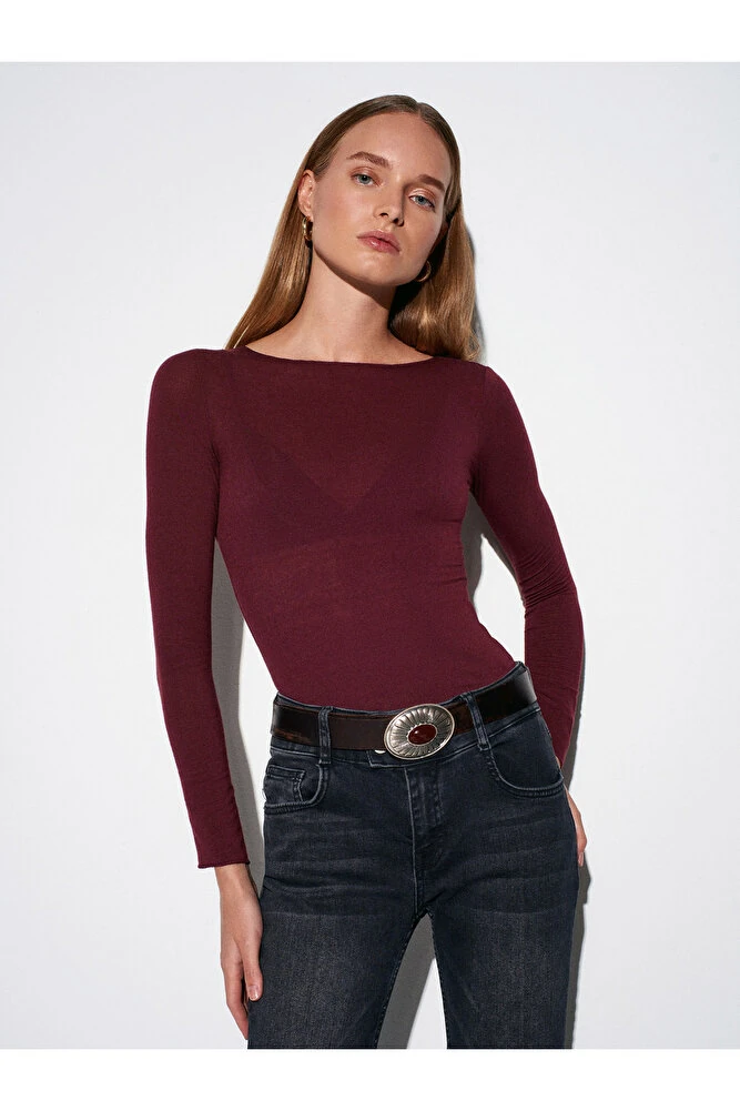 32122 Kayık Yaka Modal Kaşmir Ultra Hafif Bluz-Bordo