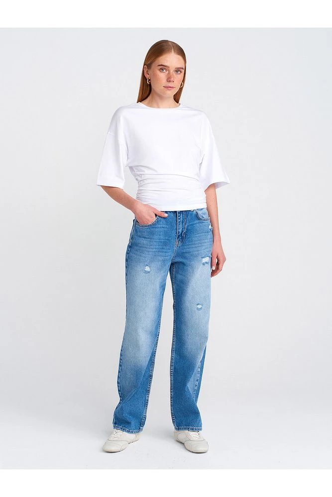 71781 Küçük Yırtıklı Denim Mom-Mavi