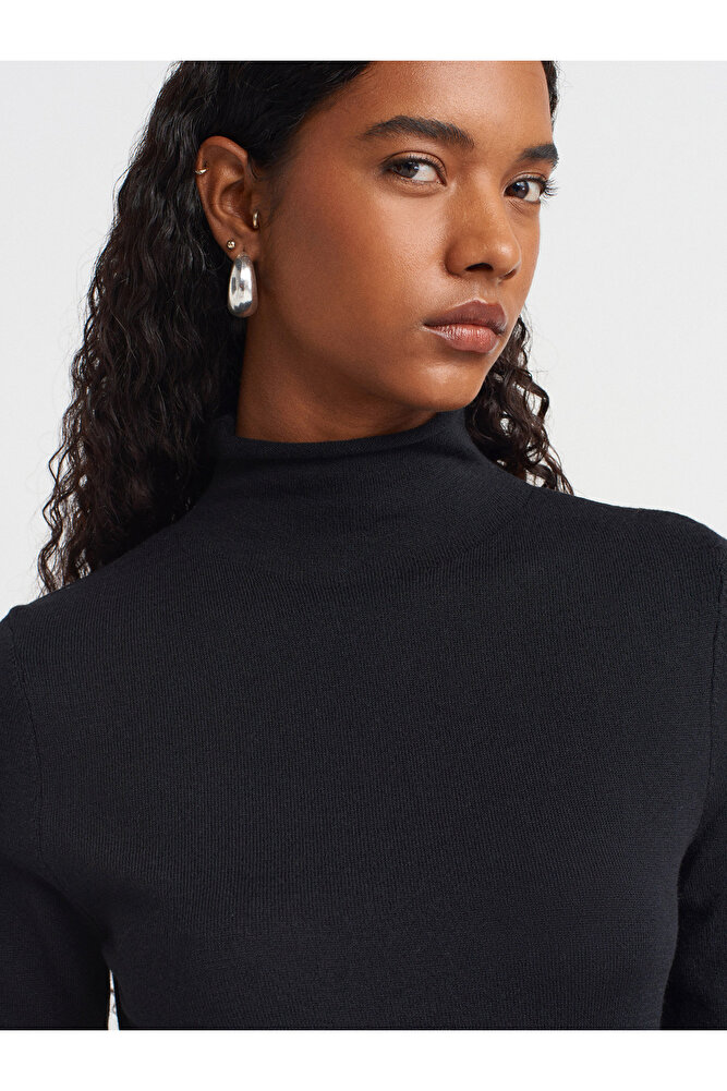 10714 Dik Yaka Yünlü Yumuşak İnce Dokulu Triko Kazak-Yağ Yeşil