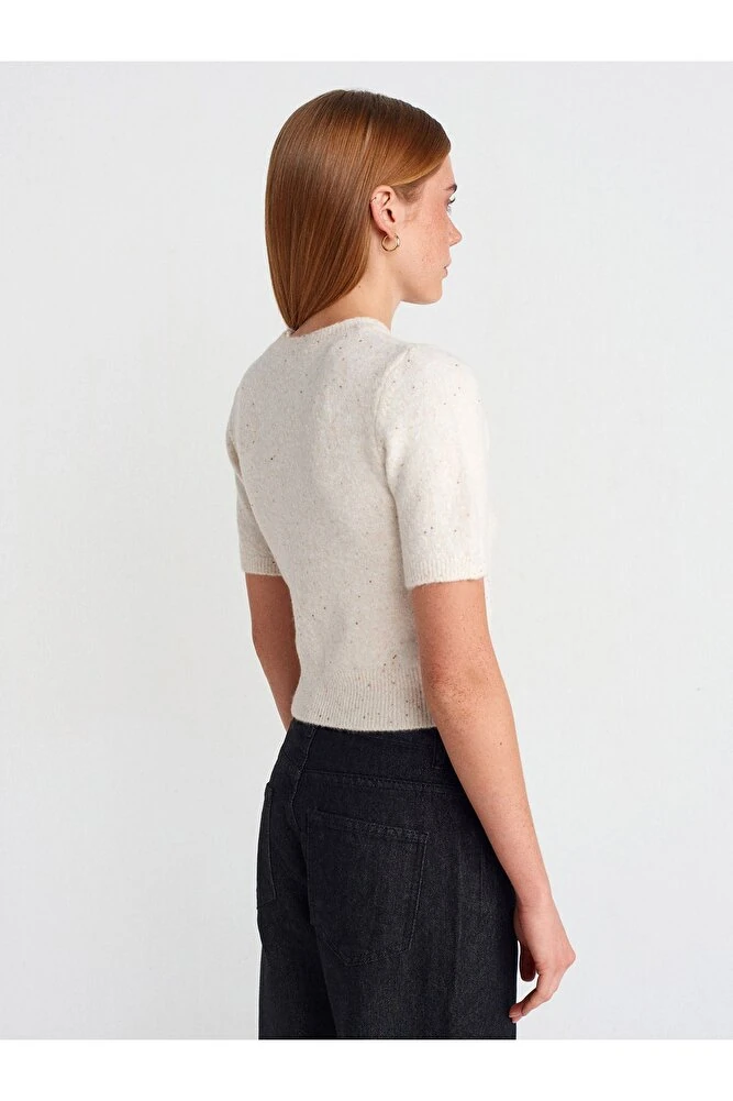 10703 Bisiklet Yaka Pullu Simli Triko Kazak-Bej