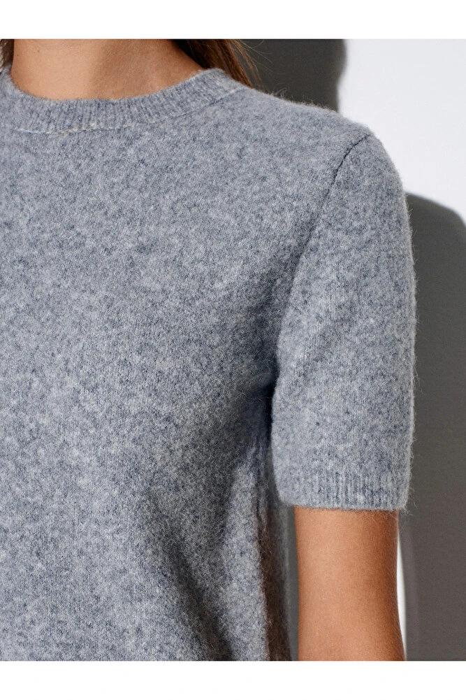 90257 Bisiklet Yaka Yün Karışımlı Triko Elbise-K.Gri Mel.