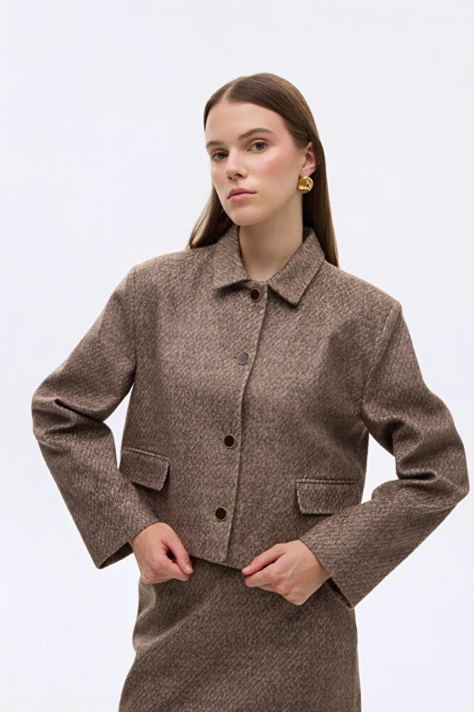 Dokulu Kapak Cepli Düğmeli Ceket Kahverengi - Kahverengi