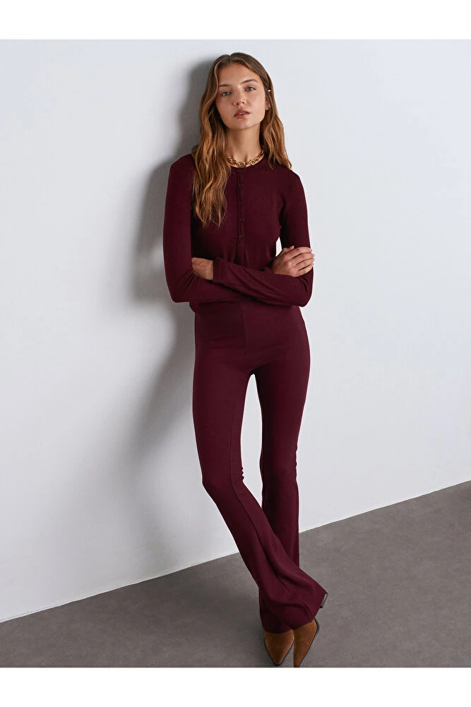31544 Düğmeli Uzun Kollu Top-Bordo